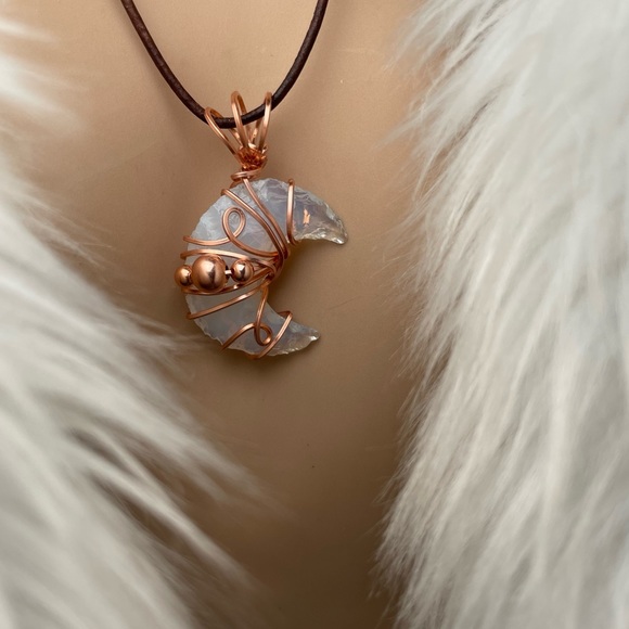 Genuine Opalite Crescent Moon Copper Wrap Leather Cord Boho Style - Picture 4 of 17